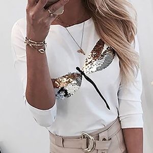 Dragonfly Pattern Sequins Round Neck Long Sleeve T